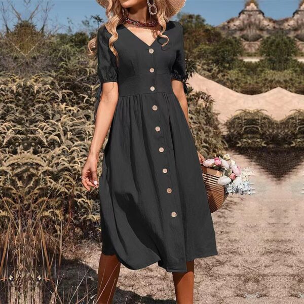 Summer Women's Clothing Midi Dress Short Sleeve V-neck Solid Color Cotton And Linen Dress - Image 3
