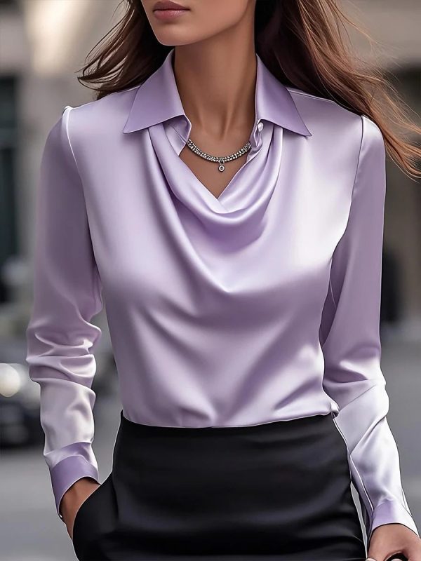 Women's Swing Collar Draped Shirts & Blouses Elegant Solid Satin Office Ladies Top Pullover Spring Long Sleeve Casual Tops - Image 4