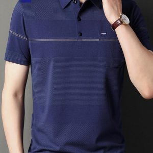 Men's Stripe Belt Lapel Short Sleeve Polo Shirt